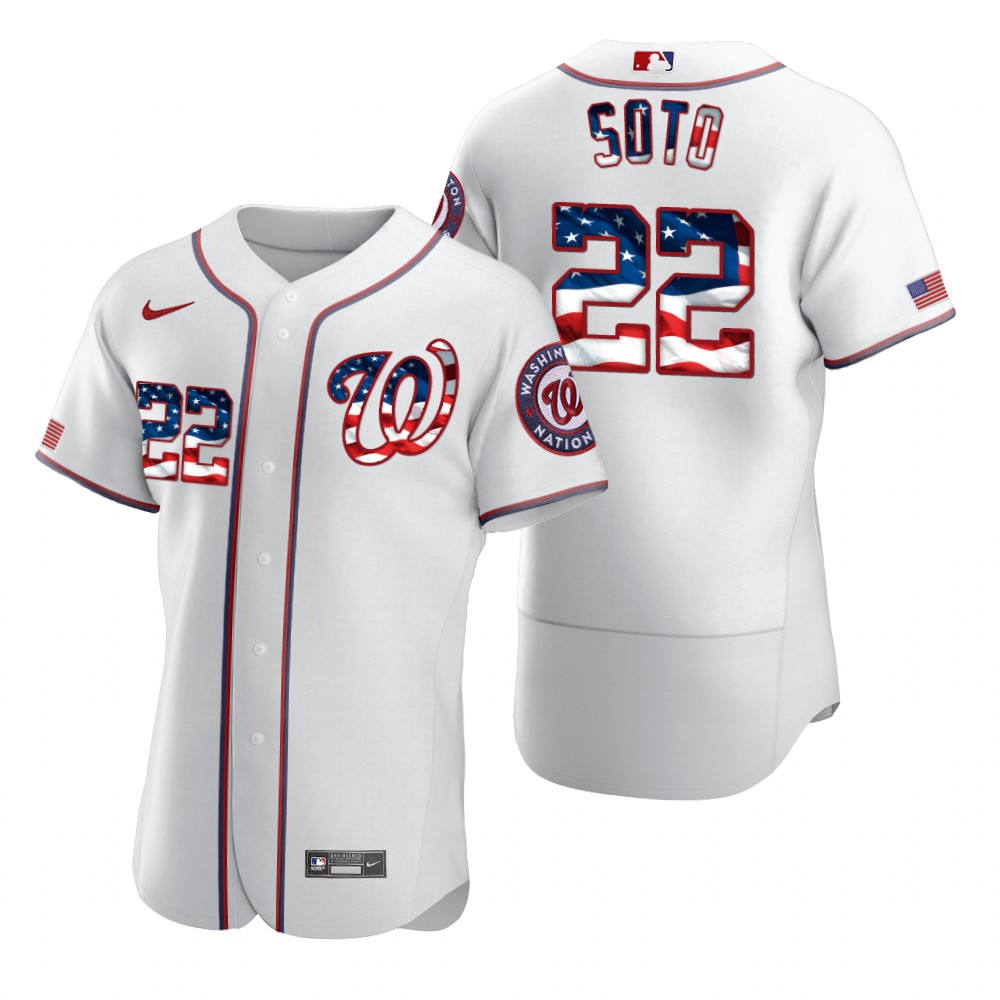 Washington Nationals 22 Juan Soto Men Nike White Fluttering USA Flag Limited Edition Authentic MLB Jersey